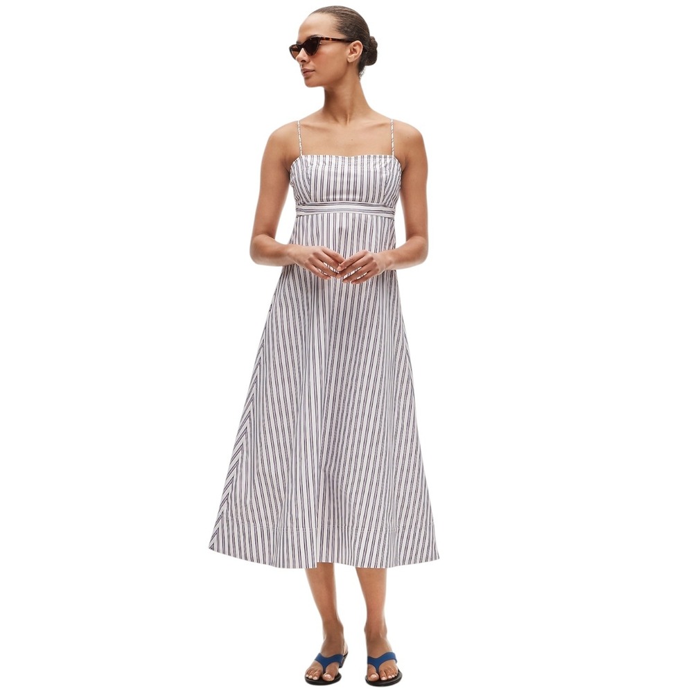 J.Crew Nautical Empire Waist Midi Dress Cotton Poplin Blue Stripes Preppy Size 8